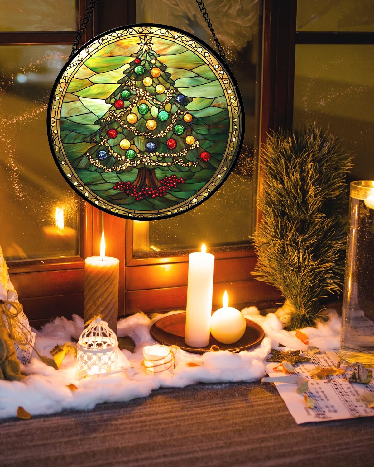 Stained Glass Window Hanging - Green Christmas Tree Gold Ribbon Suncatcher for Doors Home Christmas