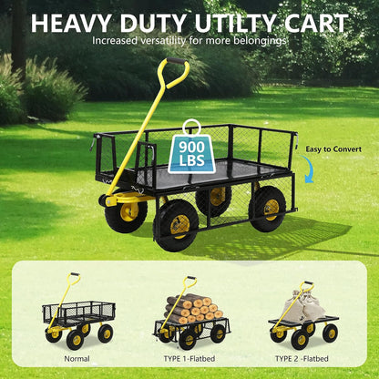 Steel Garden Cart, 2-in-1 Heavy Duty Utility Wagon 900 LBS Capacity Carts with Removable Mesh Sides