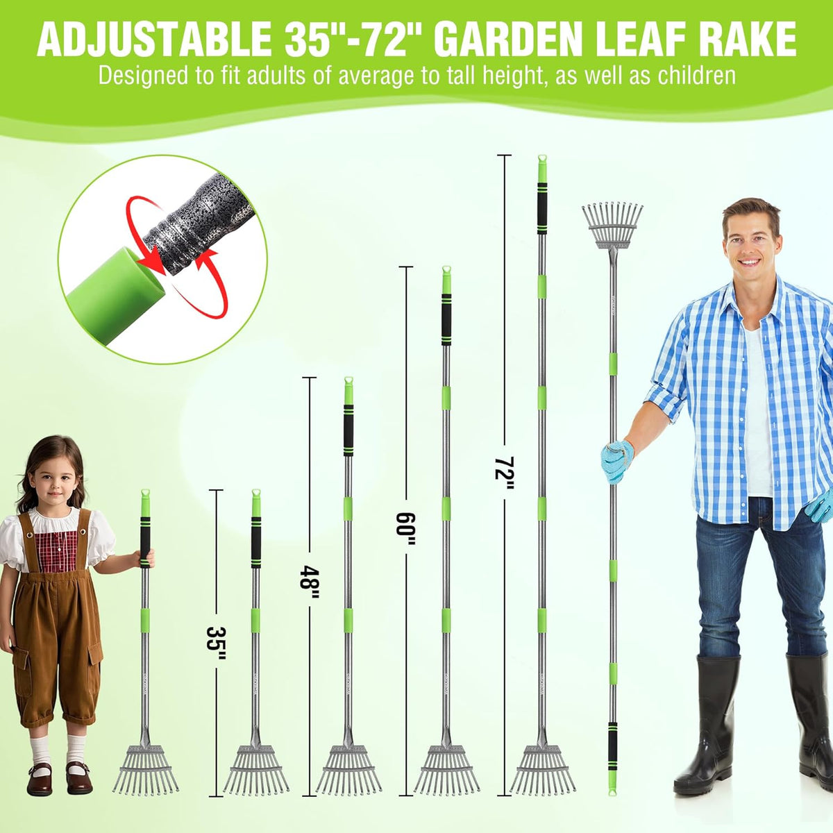 WORKPRO Rake, Small Rake for Leaves with 72” Adjustable Long Handle, 11 Steel Tines, Heavy Duty