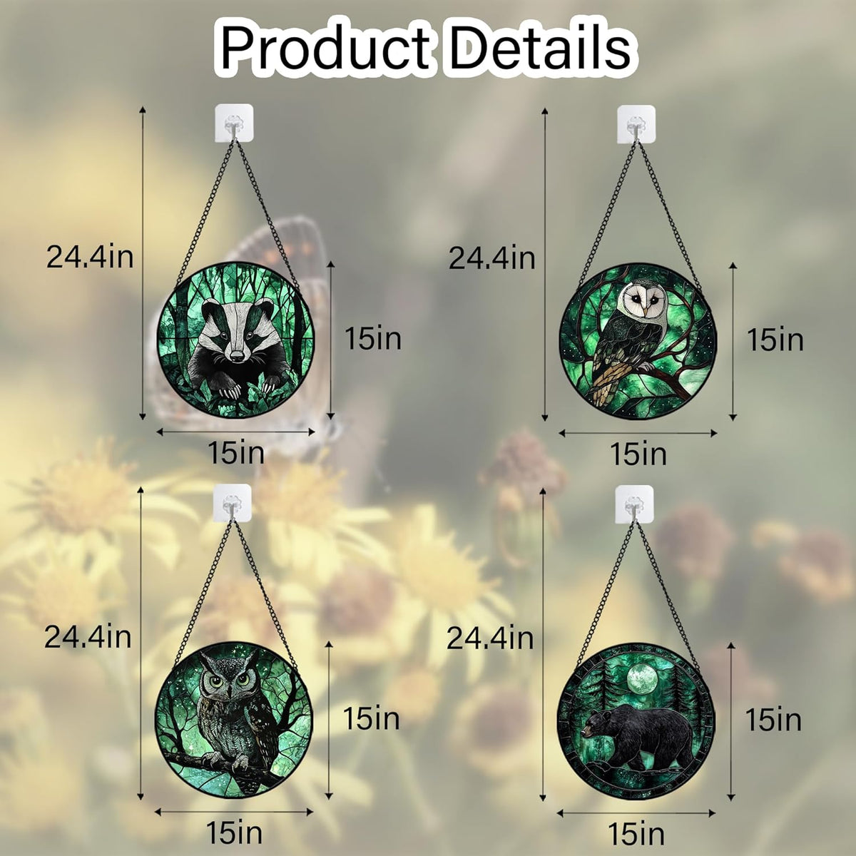 Stained Glass Window Hanging 4 Pcs Set Green Forest Night Sky Wildlife Large 15" - Suncatcher Door