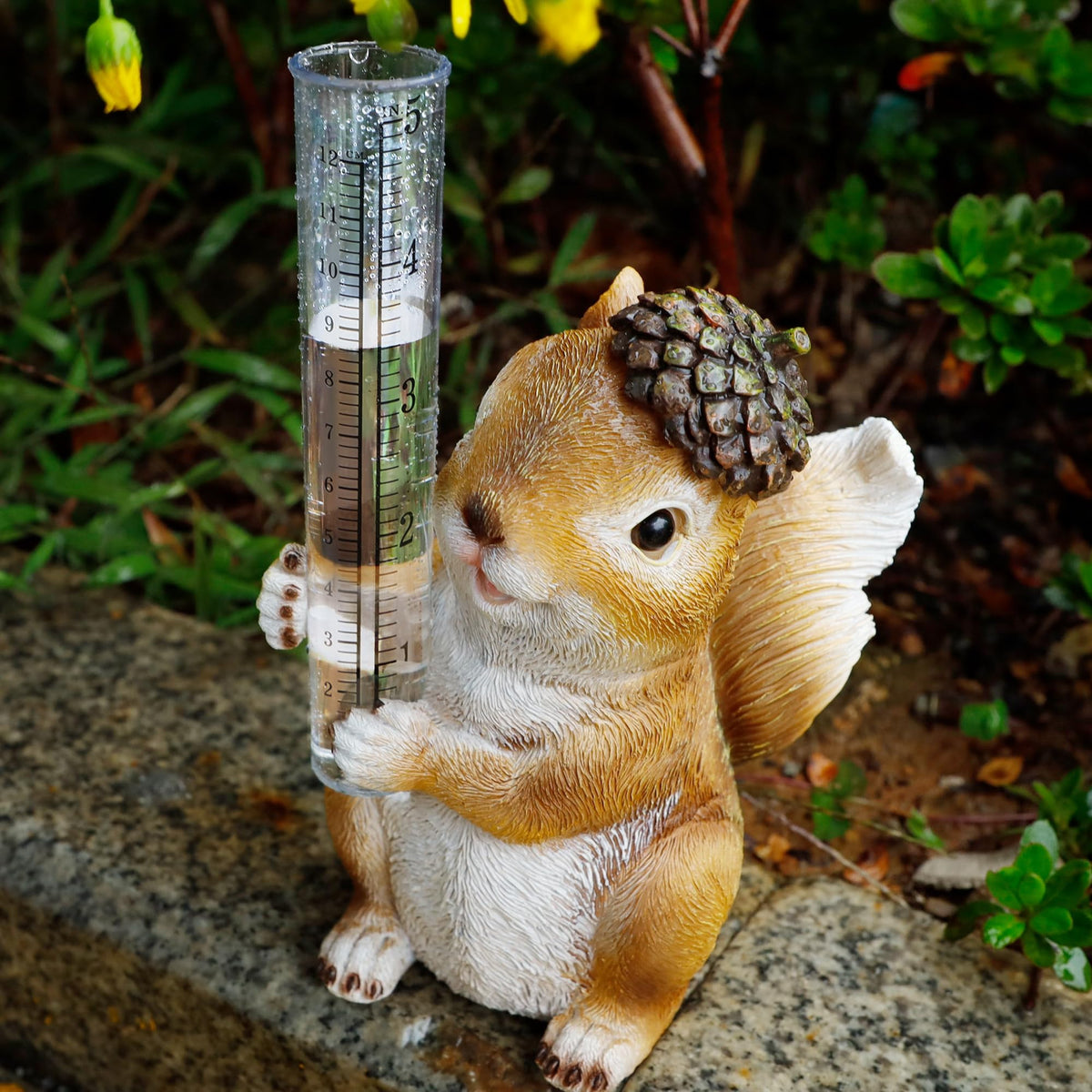 FORUP Resin Squirrel Rain Gauge, Hand Painted Squirrel Sculpture Water Gauge