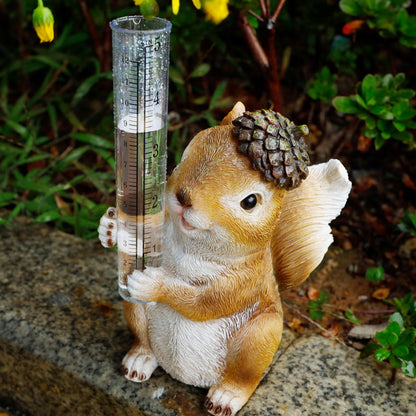 FORUP Resin Squirrel Rain Gauge, Hand Painted Squirrel Sculpture Water Gauge