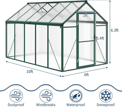 6x10 FT Greenhouse for Outdoors, Polycarbonate Flower Greenhouse with Roof Vent, Push-Pull Lockable