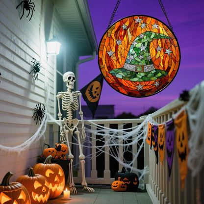 Stained Glass Window Hanging - Halloween Decorations Witch Hat Suncatcher for Doors Garden Indoor