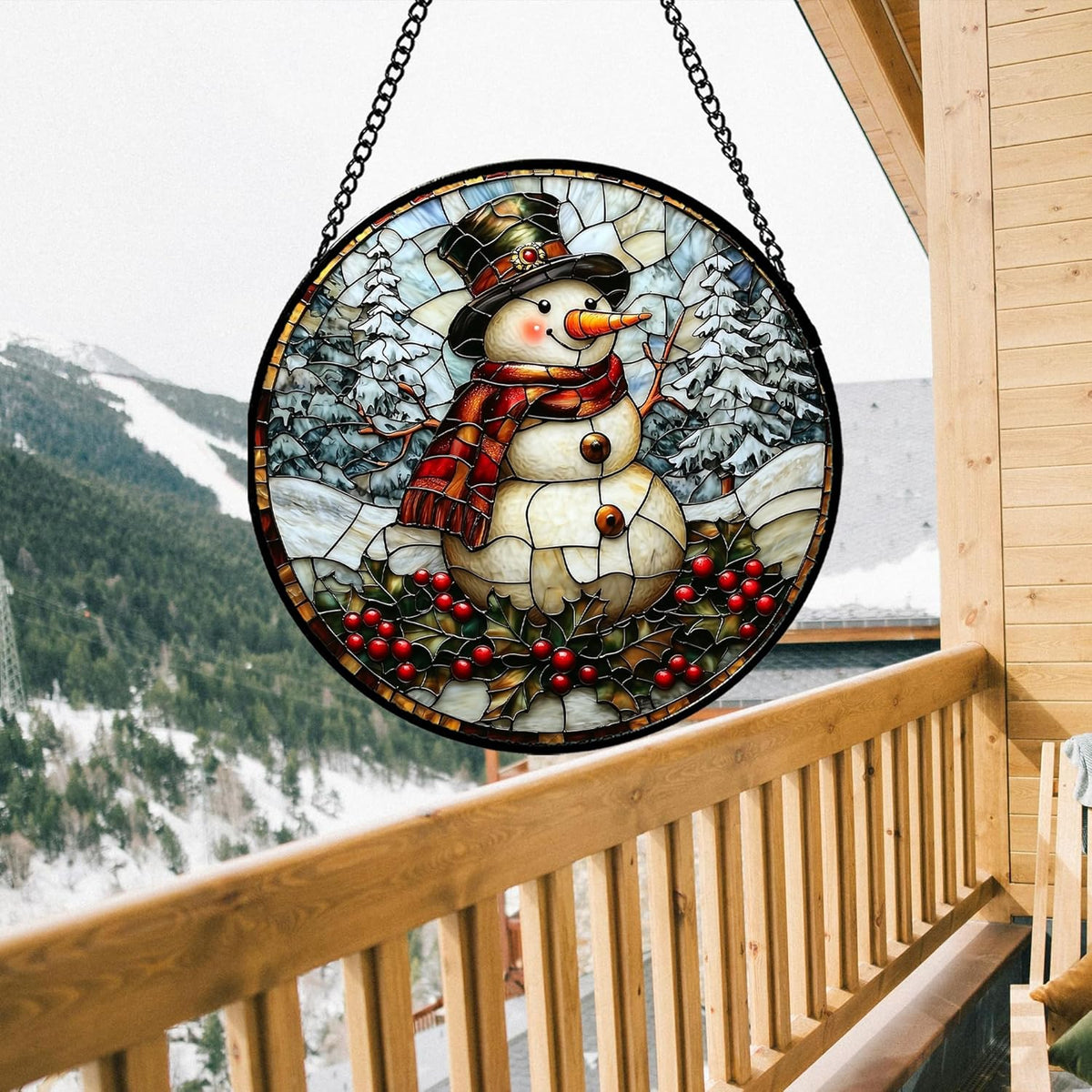 Stained Glass Window Hanging - Christmas Snowman Suncatcher for Door Terrace Garden Home Decor