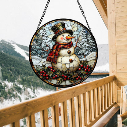 Stained Glass Window Hanging - Christmas Snowman Suncatcher for Door Terrace Garden Home Decor