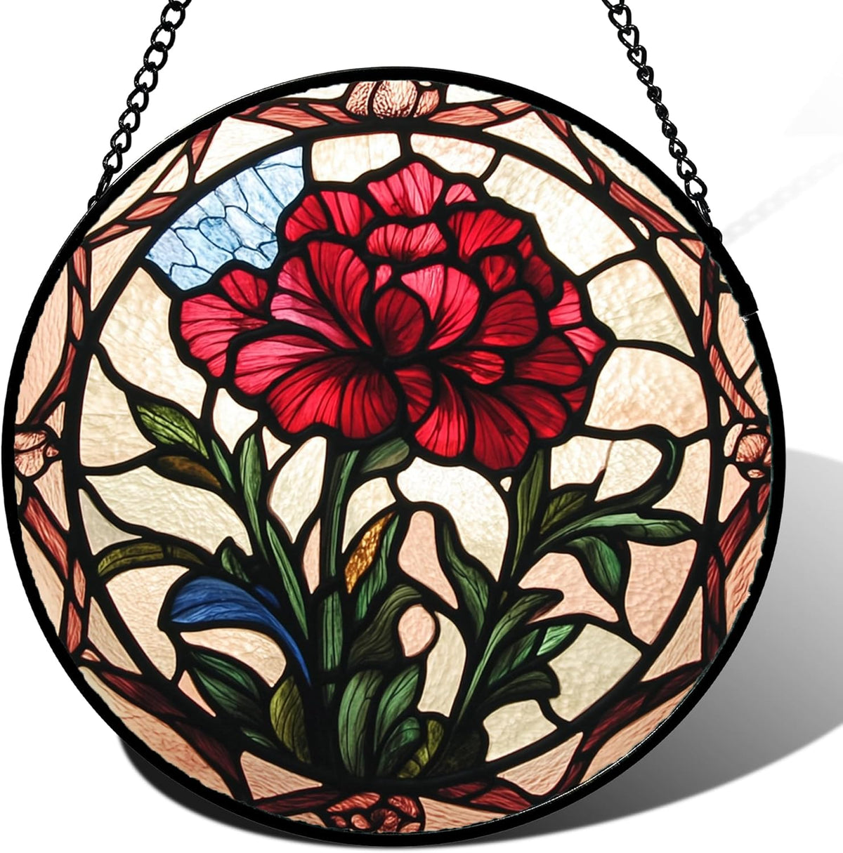 Stained Glass Window Hanging - Red Carnation Birth Flower Sun Catcher for Door Garden Home Decor