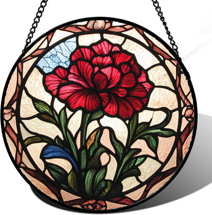 Stained Glass Window Hanging - Red Carnation Birth Flower Sun Catcher for Door Garden Home Decor