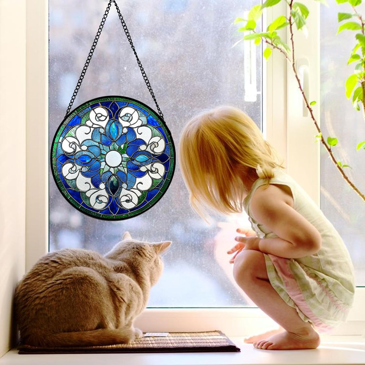 Stained Glass Window Hanging, Boho Style Sun Catchers Diamond Glass Panel Hangings Tiffany