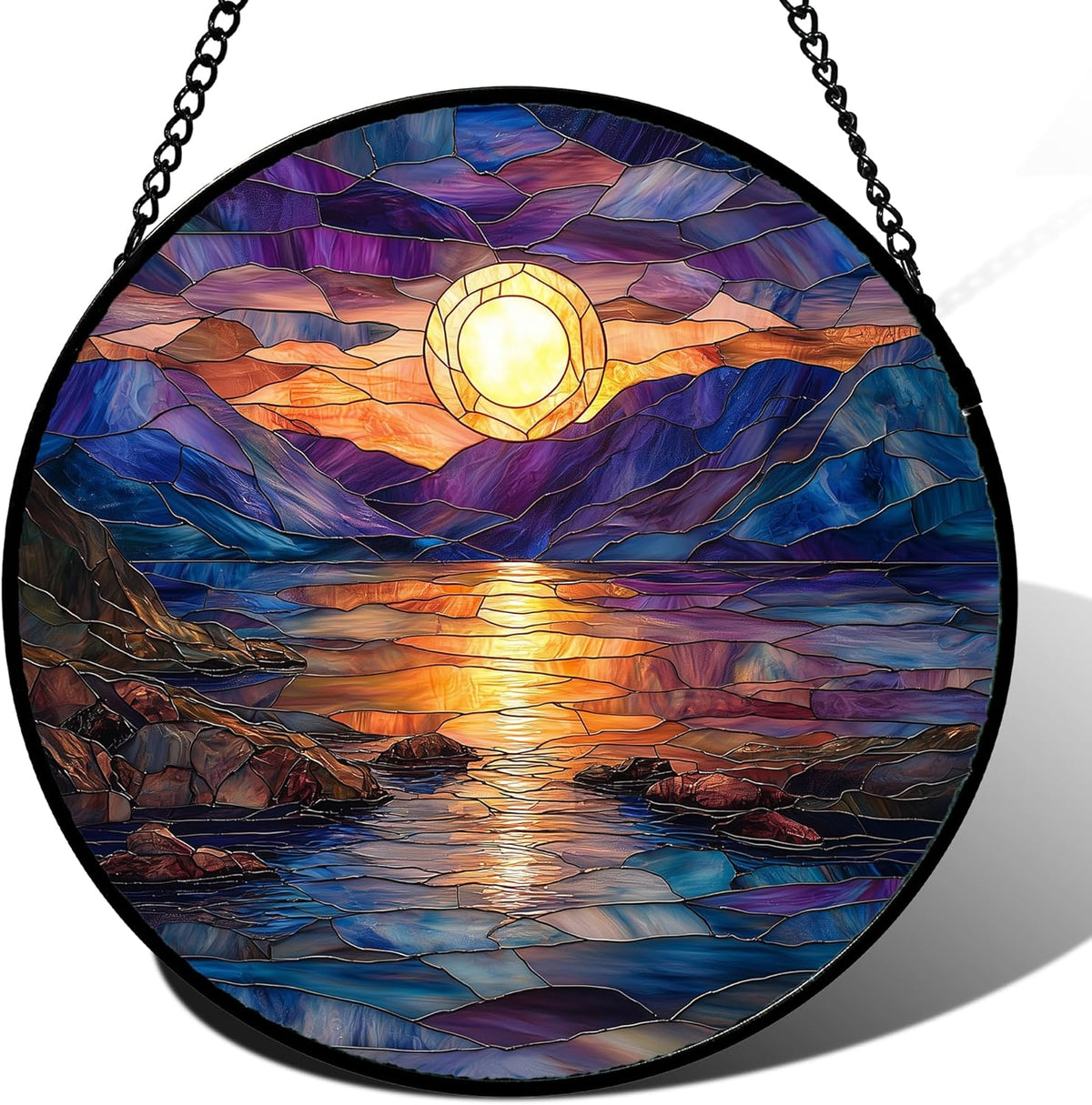 Stained Glass Window Hanging - Blue Purple Lake View Suncatcher for Door Terrace Garden Home Decor