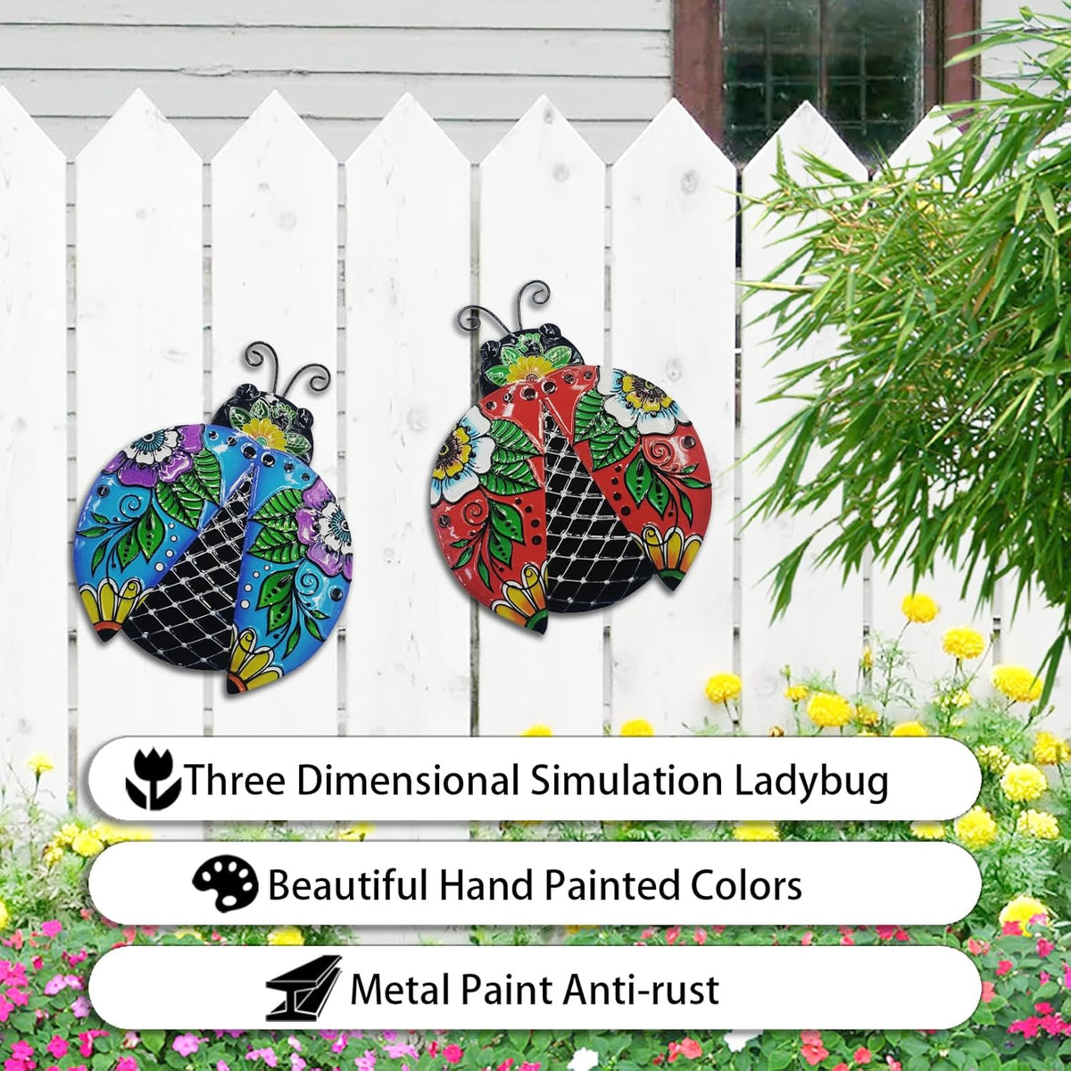 John's Studio 2Pcs Metal Ladybug Wall Decor Outdoor Garden Hanging Art Sculptures Home Ocean Theme