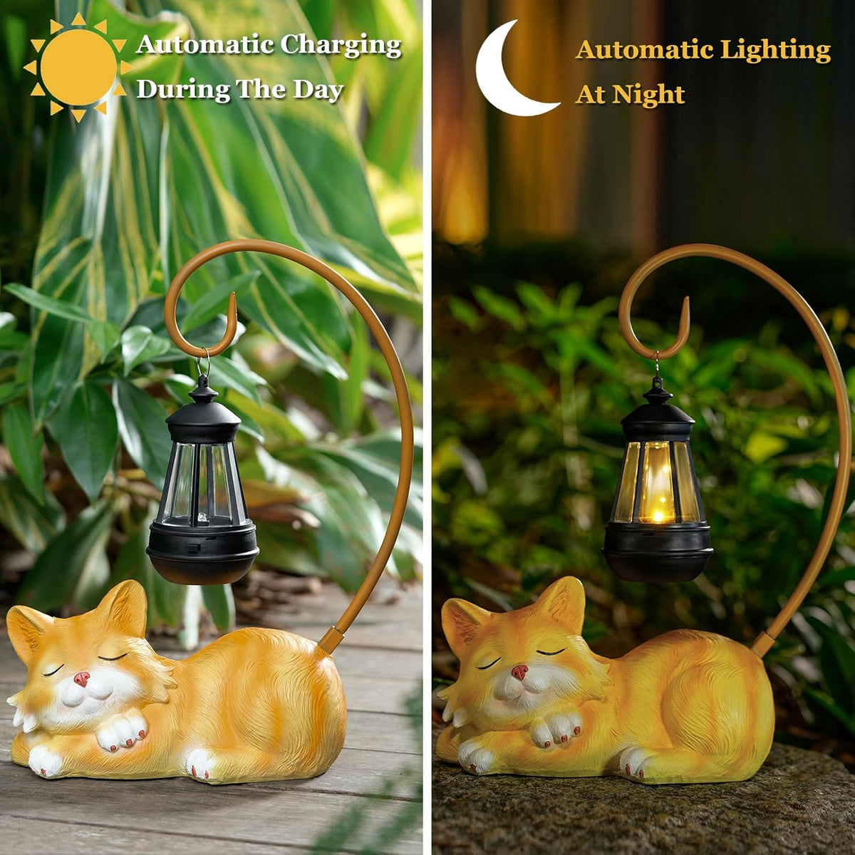 Outdoor Cat Figurine Garden Statue with Solar-Powered LED Light 13.77 Inches Tall Gift Garden