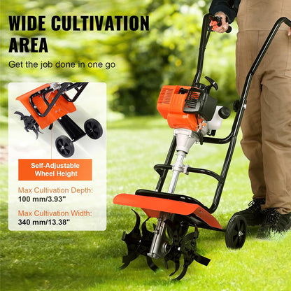 VEVOR Tiller Cultivator, 31CC 4-Stroke Garden Cultivator, Tiller with 4 Steel Adjustable Front