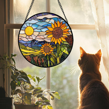 Stained Glass Suncatcher, Sunflower Flowers Landscape Sun Catcher Plant Mountains Stain Glass