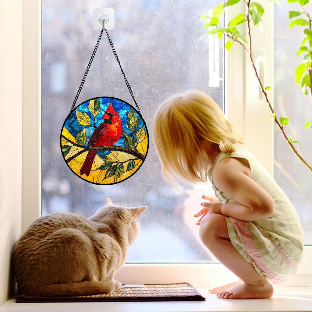 Stained Glass Window Hanging, Blue Sky Cardinal Sun Catchers Colorful Glass Panel Red Birds