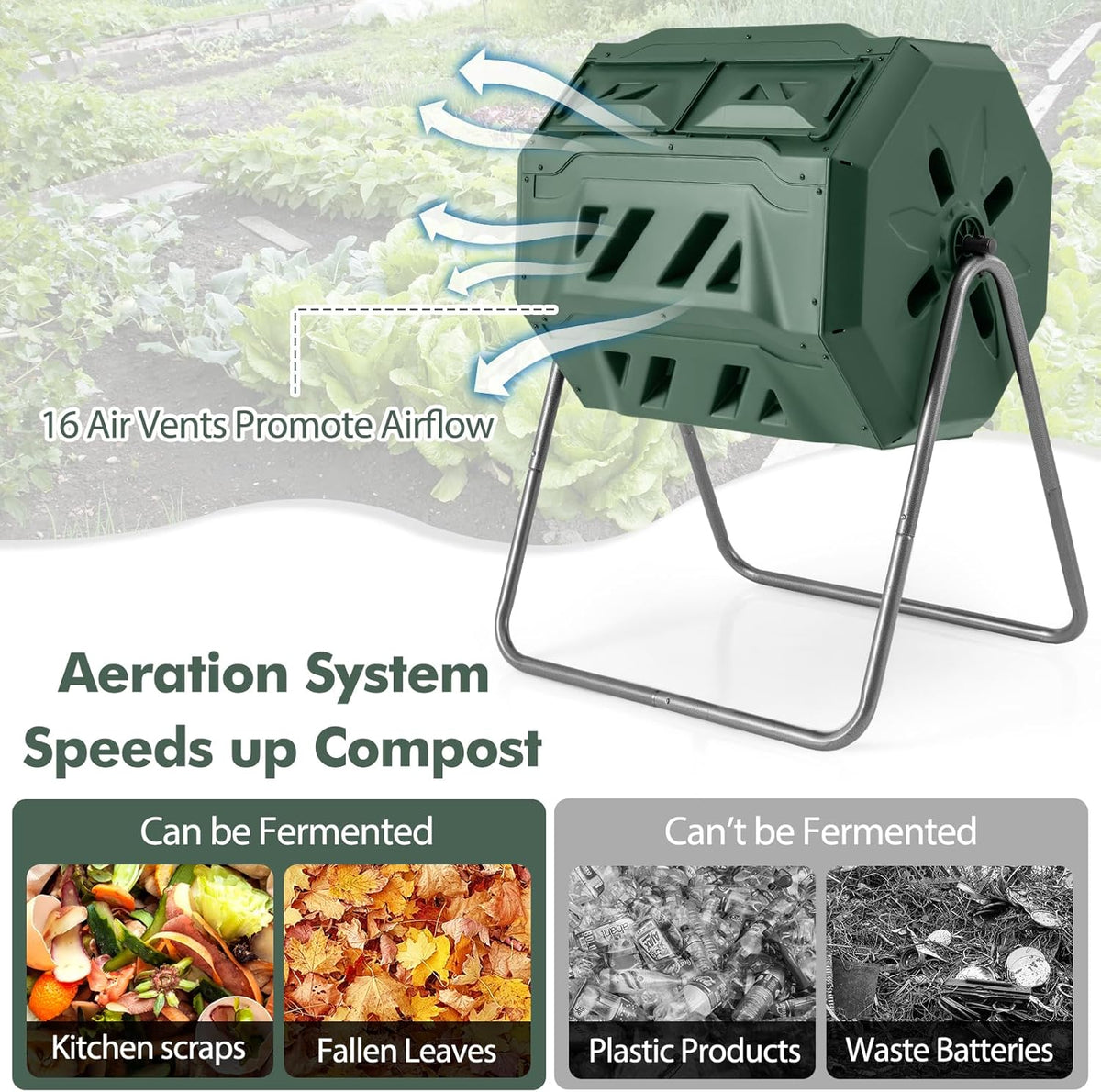 S AFSTAR Composter Tumbler Outdoor, 42-Gal Dual Chamber Tumbling Composter with 2 Sliding Doors