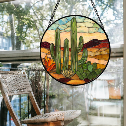 Stained Glass Window Hanging, Green Cactus Sun Catcher for Door Terrace Garden Home Decor, Abstract