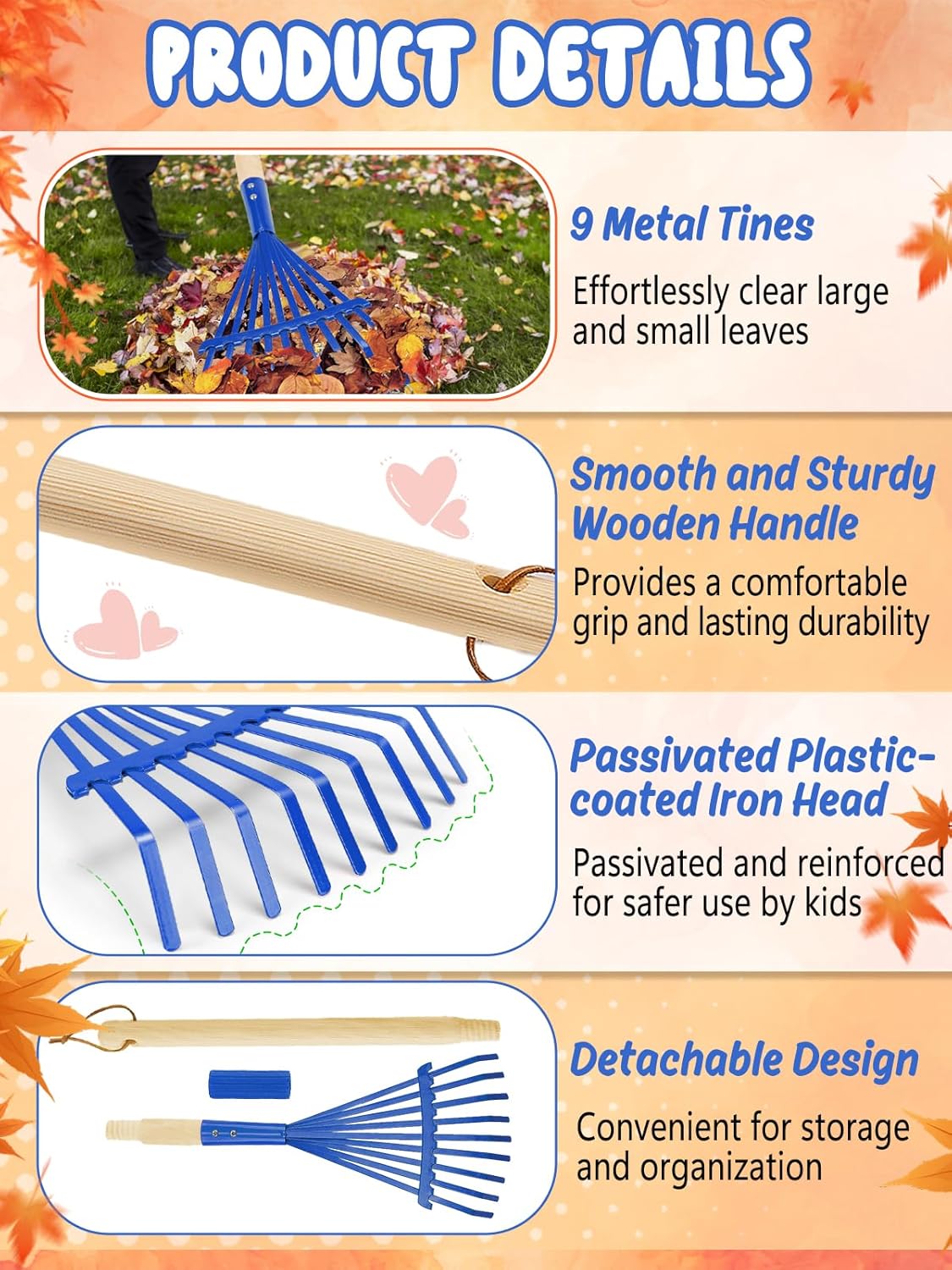 Kids Friendly Rakes for Leaves - 28" Child Size Small Rake with Durable Metal Head & Hardwood