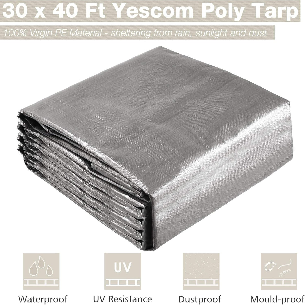 Yescom 30x40FT 14 Mil Heavy Duty Reinforced Poly Tarp Reversible Waterproof Tarpaulin Ground Sheet