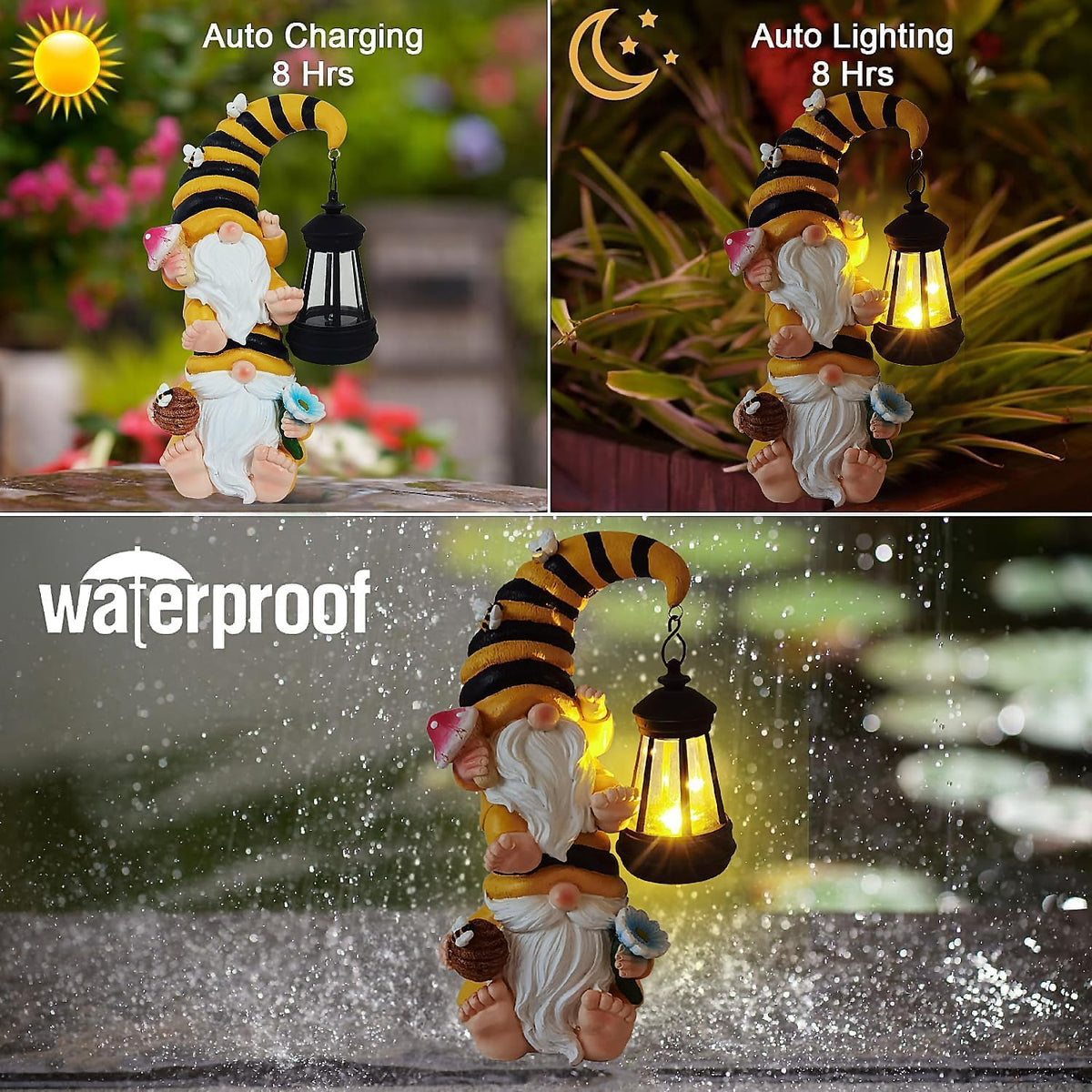 Garden Gnomes Outdoor Statue Solar Bee Garden Gnomes with Led Lantern Outdoor Decor for