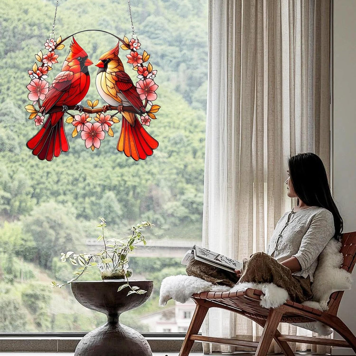 Acrylic Window Hanging Cardinal Suncatcher Decor,Red Bird Suncatcher Panel Outdoor Wall Art Stained