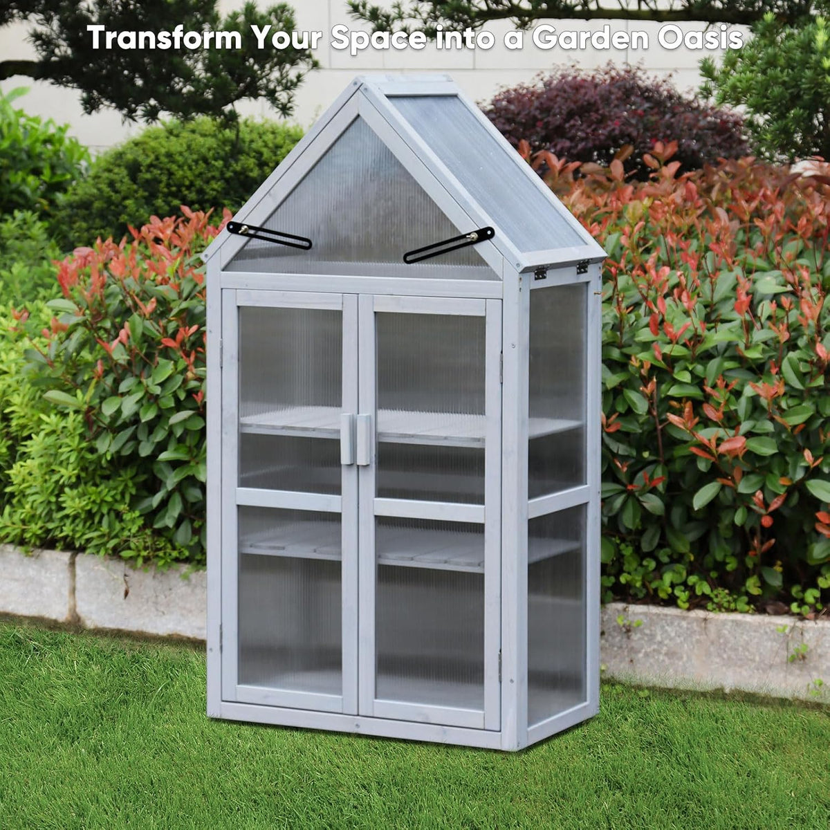 JOYBASE Wooden Mini Cold Frame Greenhouse for Outdoor with Adjustable Shelves, Opening Roof & Wall