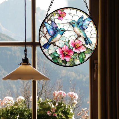 Stained Glass Window Hanging - Blue White Hummingbirds Pink Flowers Suncatcher for Door Terrace