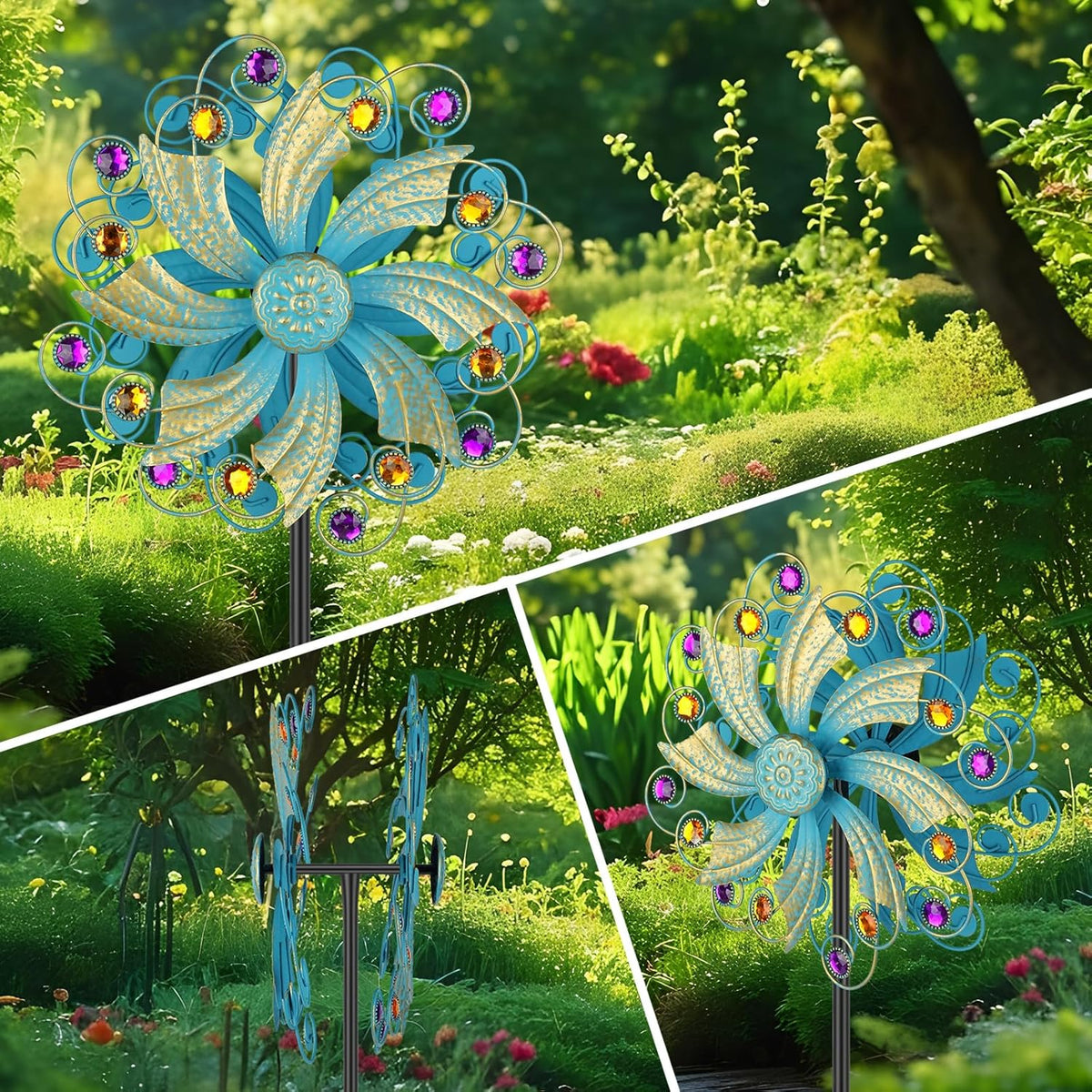 Metal Wind Spinners Outdoor, Golden Kinetic Wind Sculpture Garden Pinwheels with Metal Stake, Yard