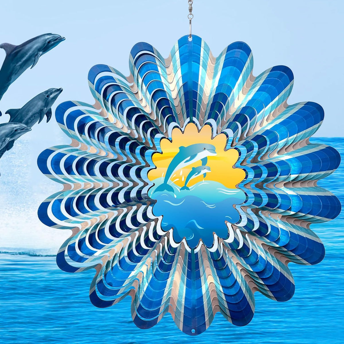 Animated Dolphin Wind Spinner | 3D Holographic Stainless Steel Kinetic Wind Spinners, Magical