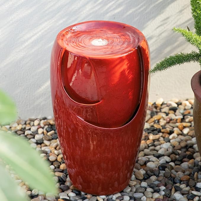 Glitzhome 21.25" H Ceramic Vase Outdoor Water Fountain Tall Patio Garden Water Fountain with LED