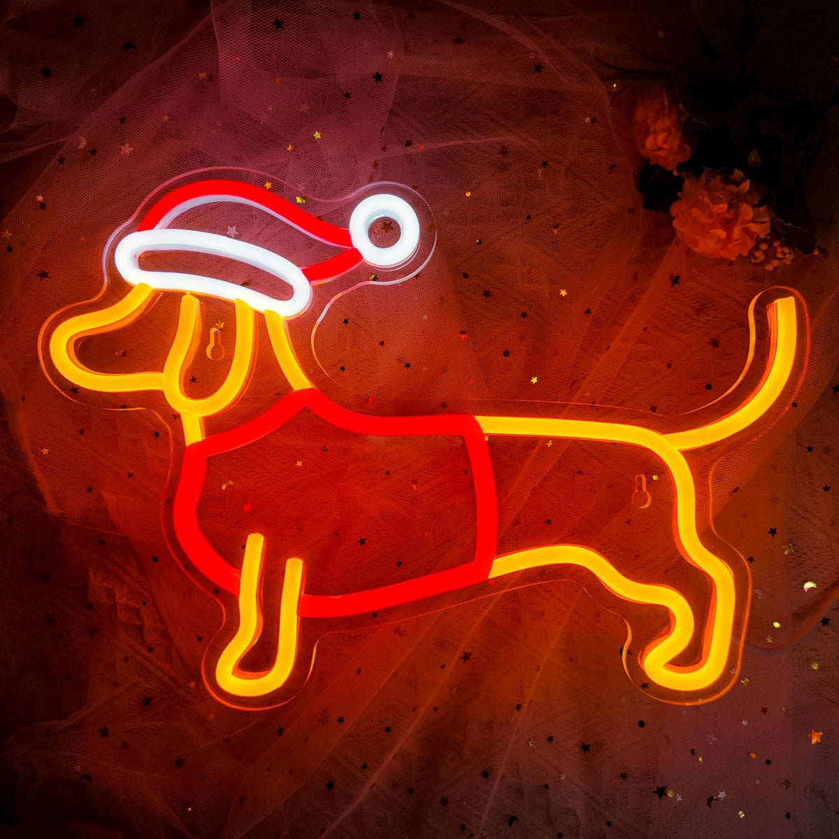 Dimmable Dachshund Neon Sign - Cute Dog with Christmas Hat - Led Light Sign for Home, Bedroom