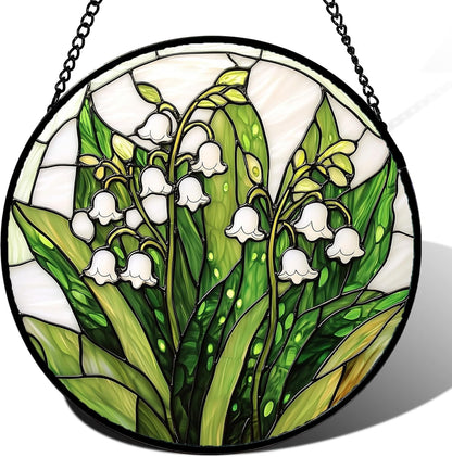 Stained Glass Window Hanging, Lily of The Valley Flower Sun Catchers Colorful Glass Panel Green