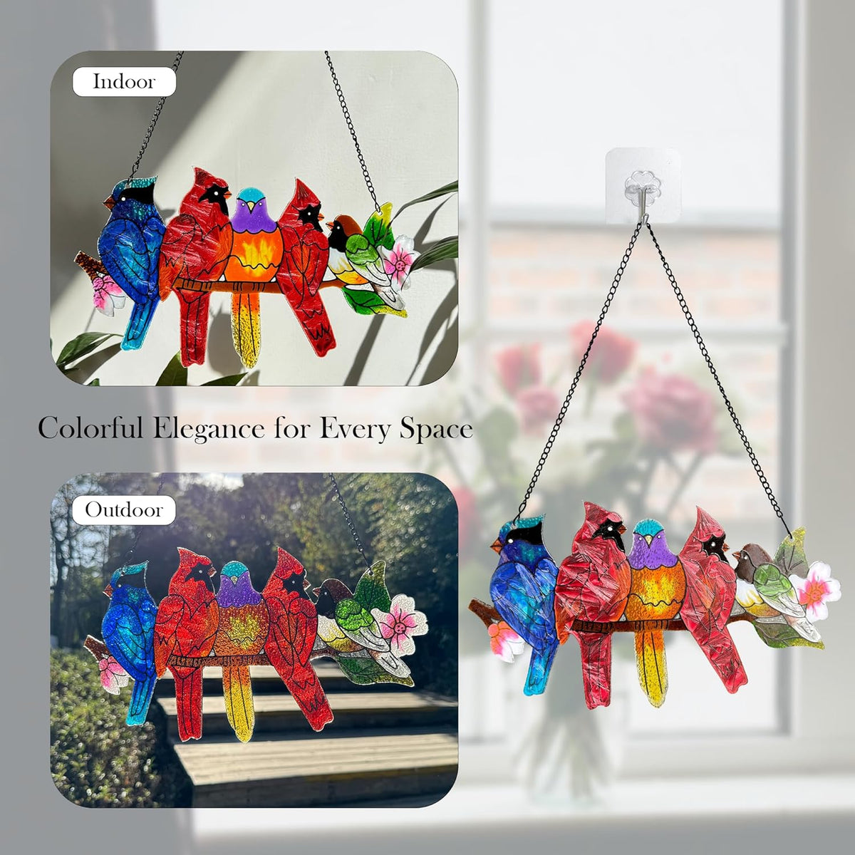 Stained Glass Window Hanging - Large Stained Glass Birds on Branch, Birds Sun Catchers Indoor