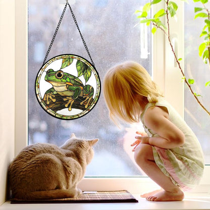 Stained Glass Window Hanging, Frog Green Leaf Sun Catchers Colorful Glass Panel Cool Suncatcher
