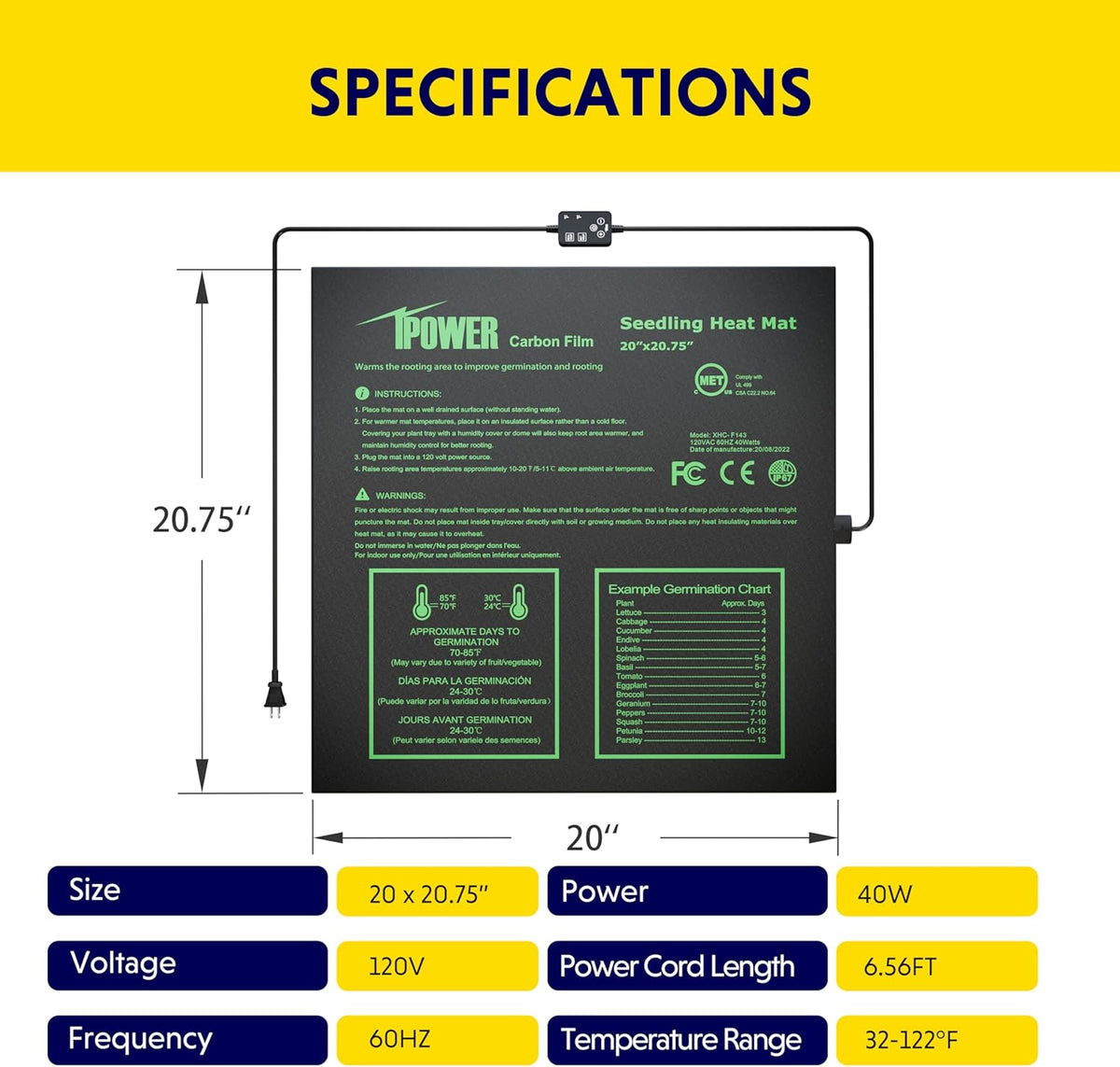 iPower 20"x20.75" Seedling Heat Mat with Built-in Temperature Controller, MET Certified Waterproof
