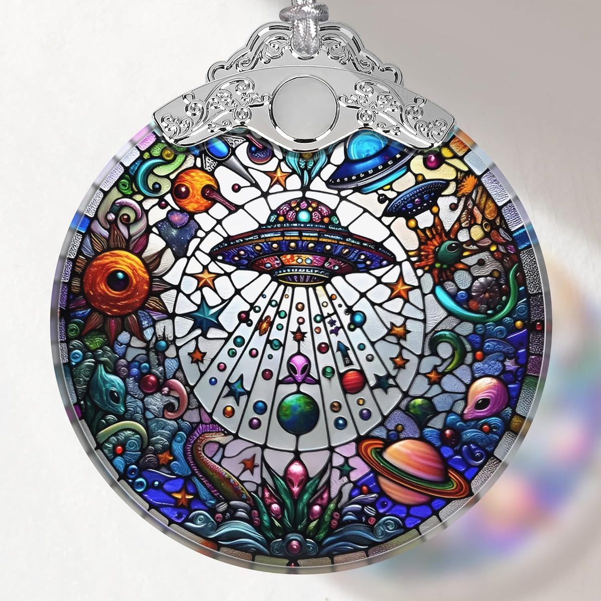 UFO Alien Stained Glass Ornament, Christmas Ornaments, Christmas Tree Decorations, UFO Alien