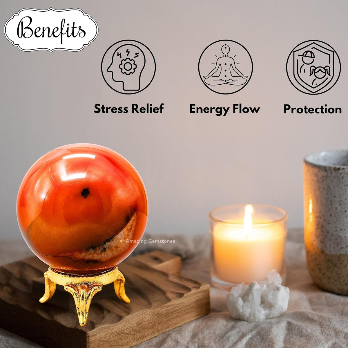 Amazing Gemstone Carnelian Crystal Ball with Stand - 2" Inches Crystal Sphere Meditation Balls for