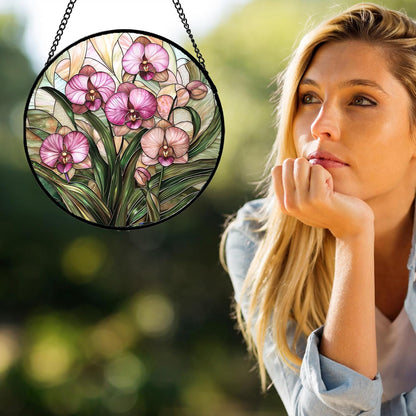 Stained Glass Window Hanging - Pink Phalaenopsis Orchid Green Leaves Sun Catcher for Door Home