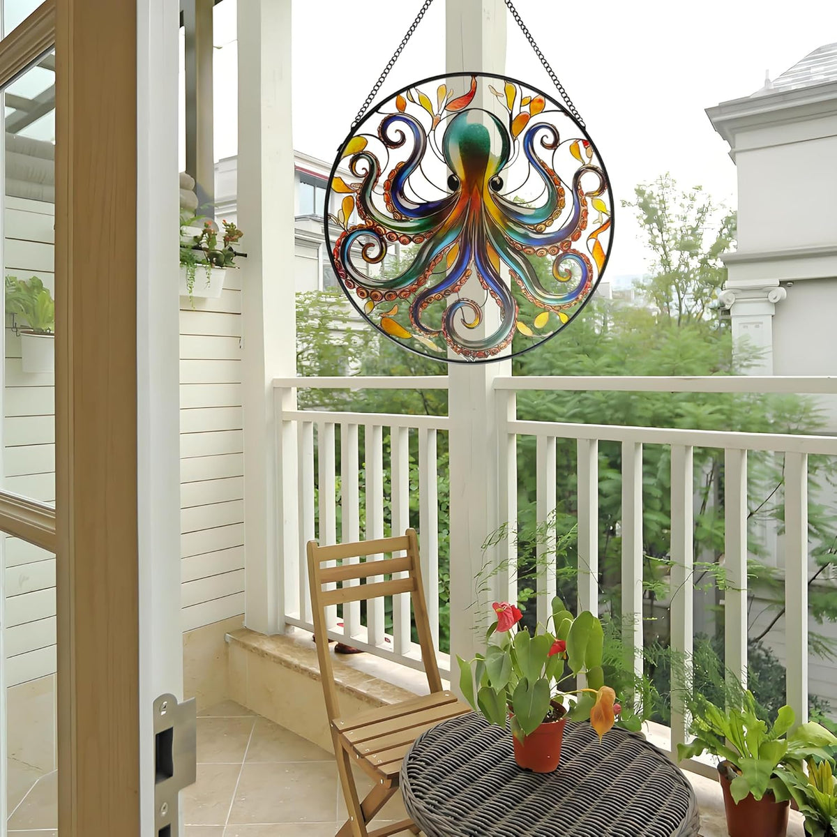 Octopus Stained Glass Window Hanging, 9.8’’ Sun Catcher Glass Panel Ocean Theme Wall Art Decor with