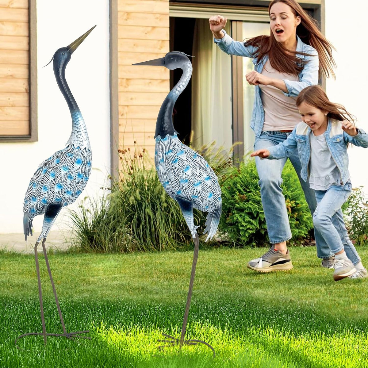 HONGLAND Garden Crane Statues Blue Heron Sculptures for Outdoor Metal Large Birds Lawn Ornaments