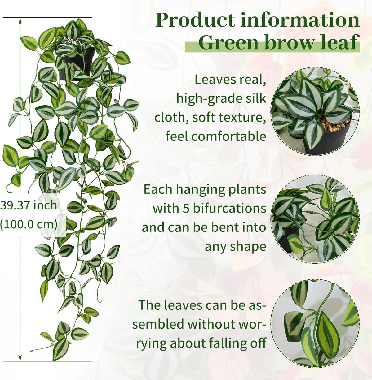 Artificial Plants Indoor Small Potted Hanging Vine plnat 39-in Long Fake Green Eyebrow Leaf Plant