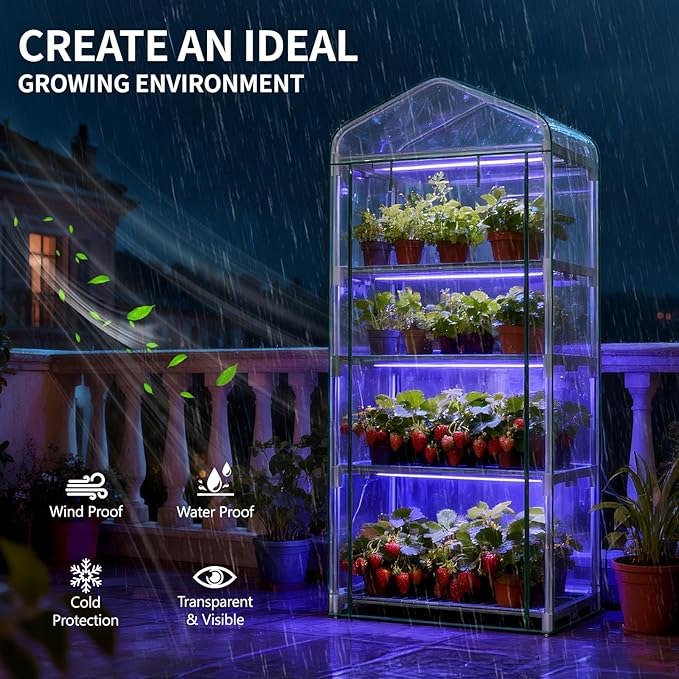 Indoor Greenhouse with Grow Light, 4-Tier 27.6"x19"x63" Mini Greenhouse with Roll-Up Zippered PVC