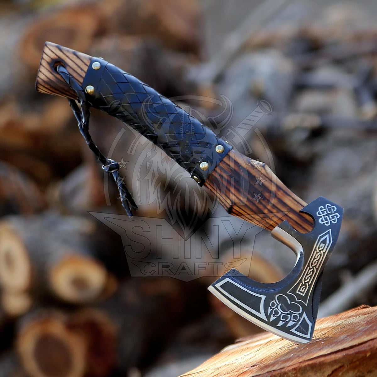 SHINY CRAFTS®- Decorative Viking Axe – Unique Gift for Dad Carbon Steel Blade with Leather Handle