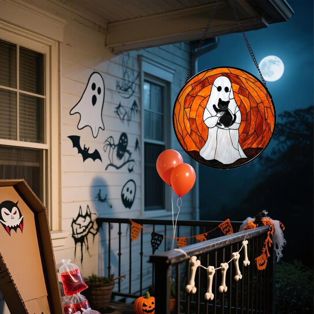 Stained Glass Window Hanging - Halloween Cute White Ghost Black Cat Suncatcher for Doors Garden