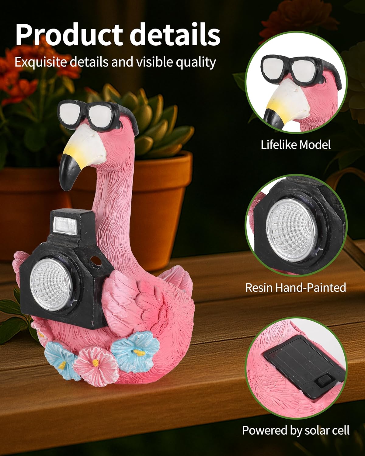 Solar Flamingo Garden Statue with Camera Light – 5.5in Tall Solar Powered Outdoor Figurine for