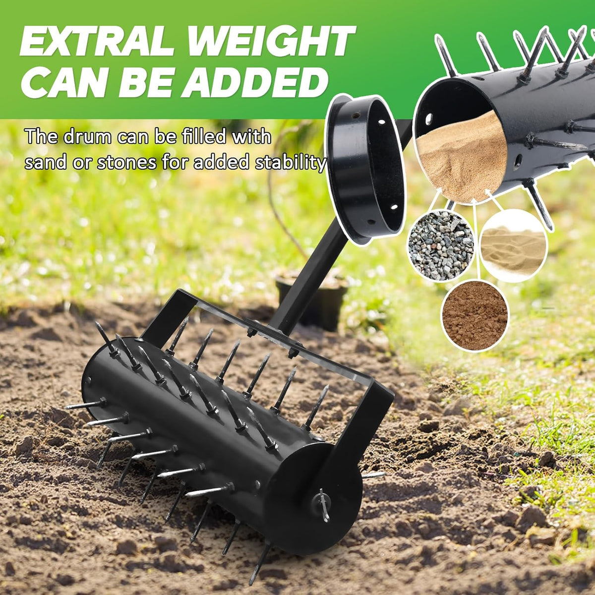 Rolling Lawn Aerator, 42 Spikes Pre-Assembled, Heavy Duty Grass Aerator Tool with Adjustable