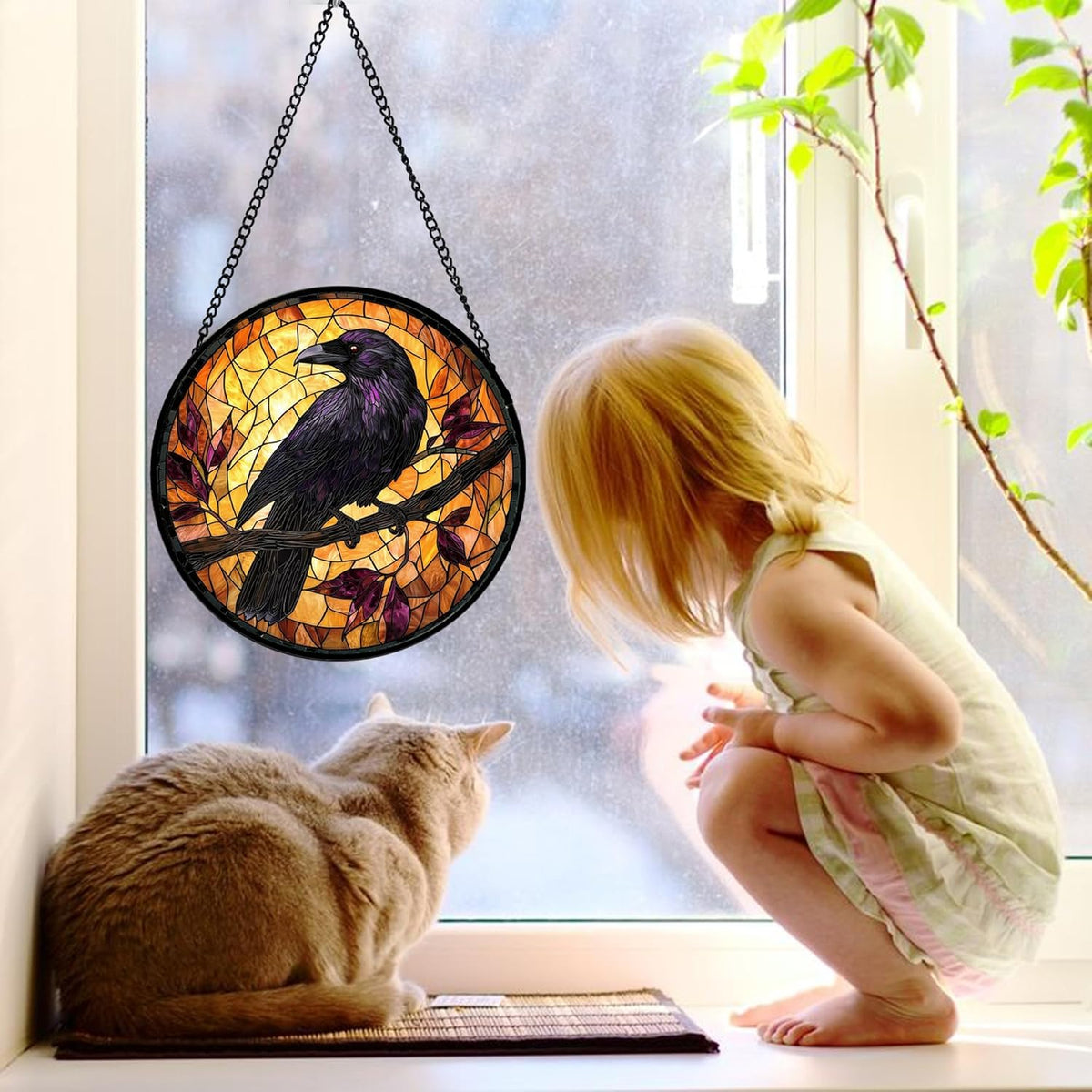 Stained Glass Window Hanging - Crow on a Branch Suncatcher Ready to Hang Window Doors Home