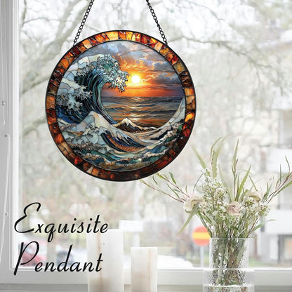 The Ocean Waves and The Sunrise Suncatcher -7.9 in Stained Glass Window Hanging Sun Catcher Garden