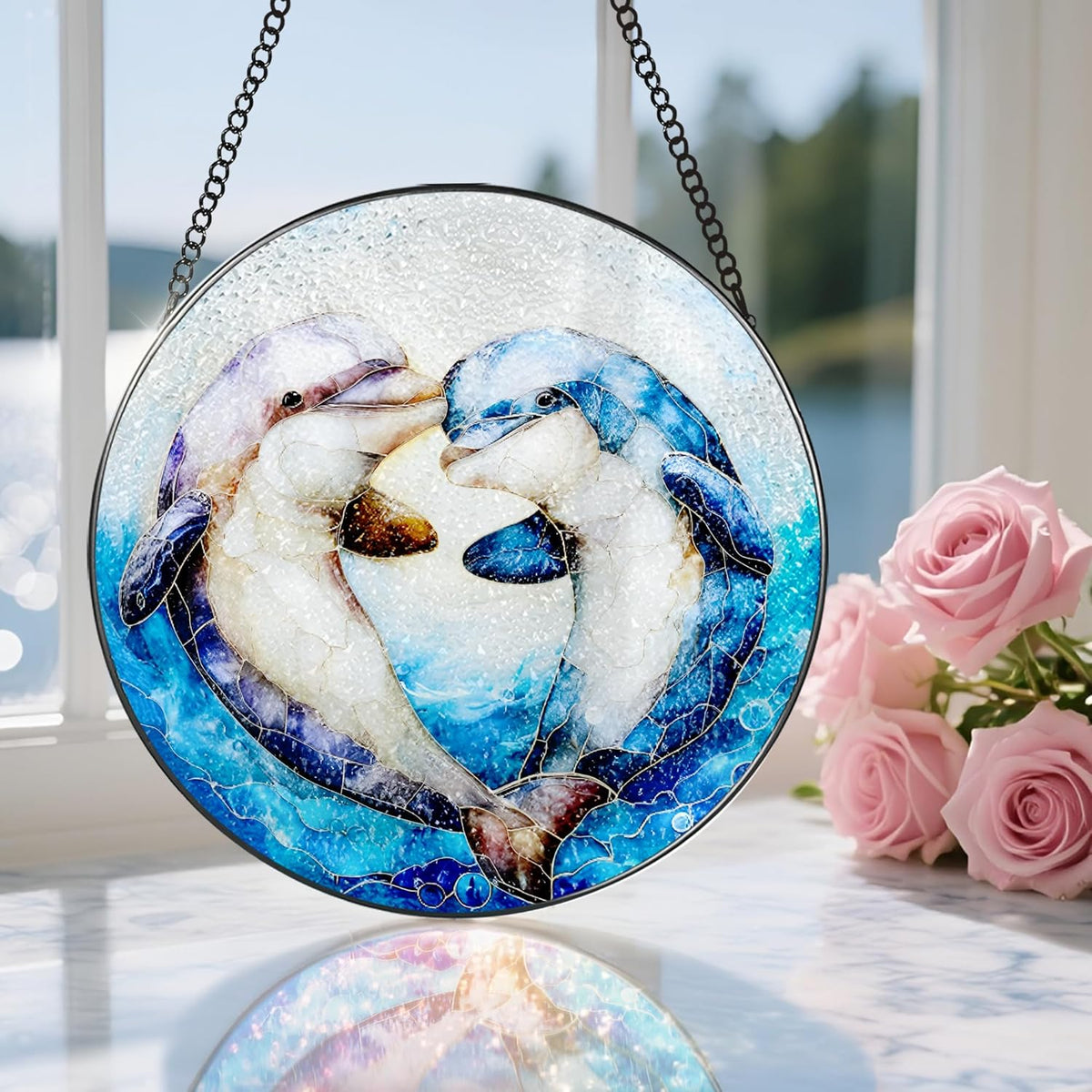 Stained Glass Window Hanging, 8 Inch Dolphin Sun Catcher Decor, Stained Glass Ornament, Suncatchers