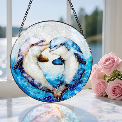 Stained Glass Window Hanging, 8 Inch Dolphin Sun Catcher Decor, Stained Glass Ornament, Suncatchers